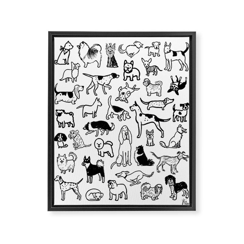 Black and White Dog Drawings | Cute Dog Breeds Pattern Framed Canvas Print Gallery Image 8