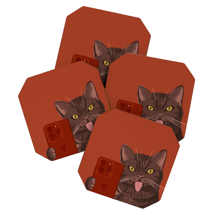 Cute Black Cat Selfie Autumn Halloween Art Coaster Gallery Image 1