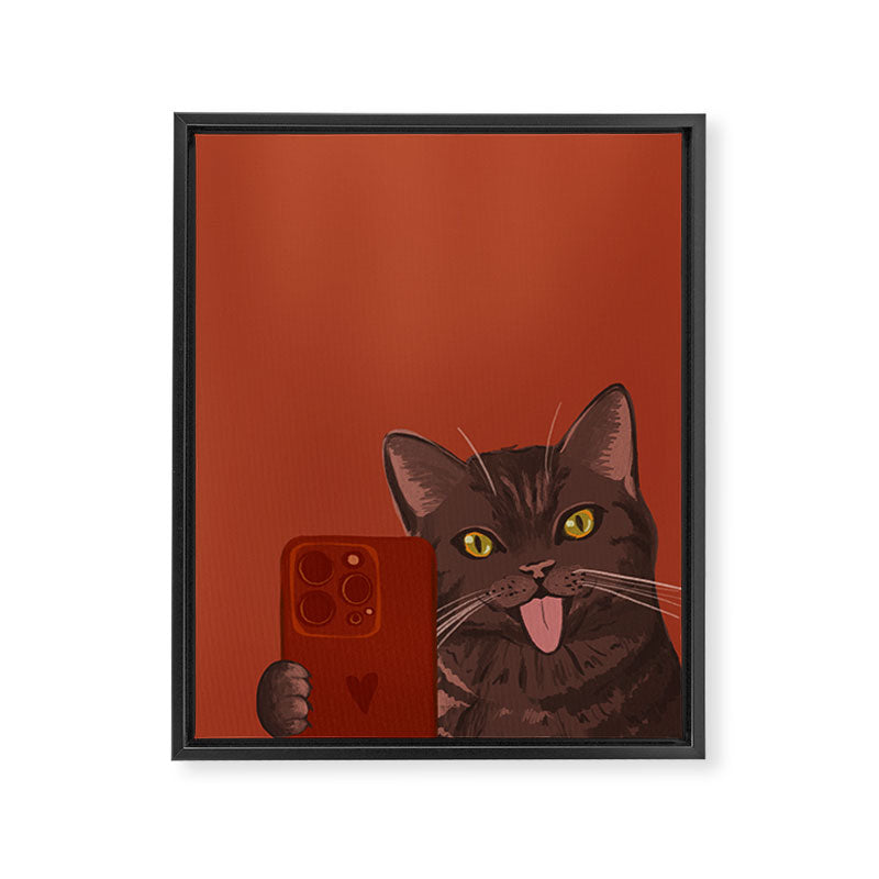 Cute Black Cat Selfie Autumn Halloween Art Framed Canvas Print Gallery Image 6