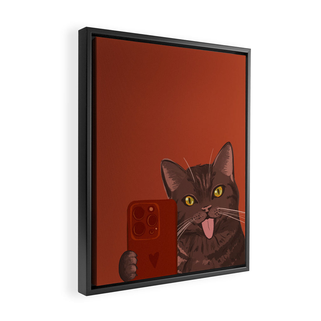 Cute Black Cat Selfie Autumn Halloween Art Framed Canvas Print Gallery Image 2