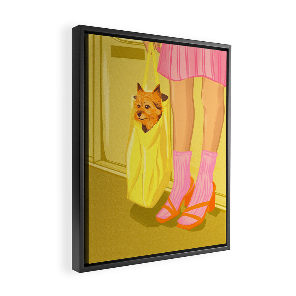 Pop Art Print of Girl with Dog in a Tote on the Subway Framed Canvas Print Gallery Image 2