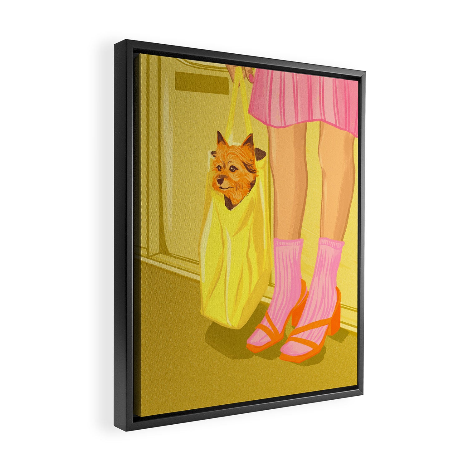 Pop Art Print of Girl with Dog in a Tote on the Subway Framed Canvas Print Gallery Image 2