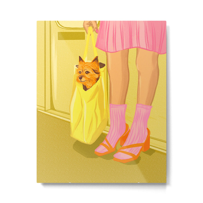 Pop Art Print of Girl with Dog in a Tote on the Subway Metal Print Gallery Image 1
