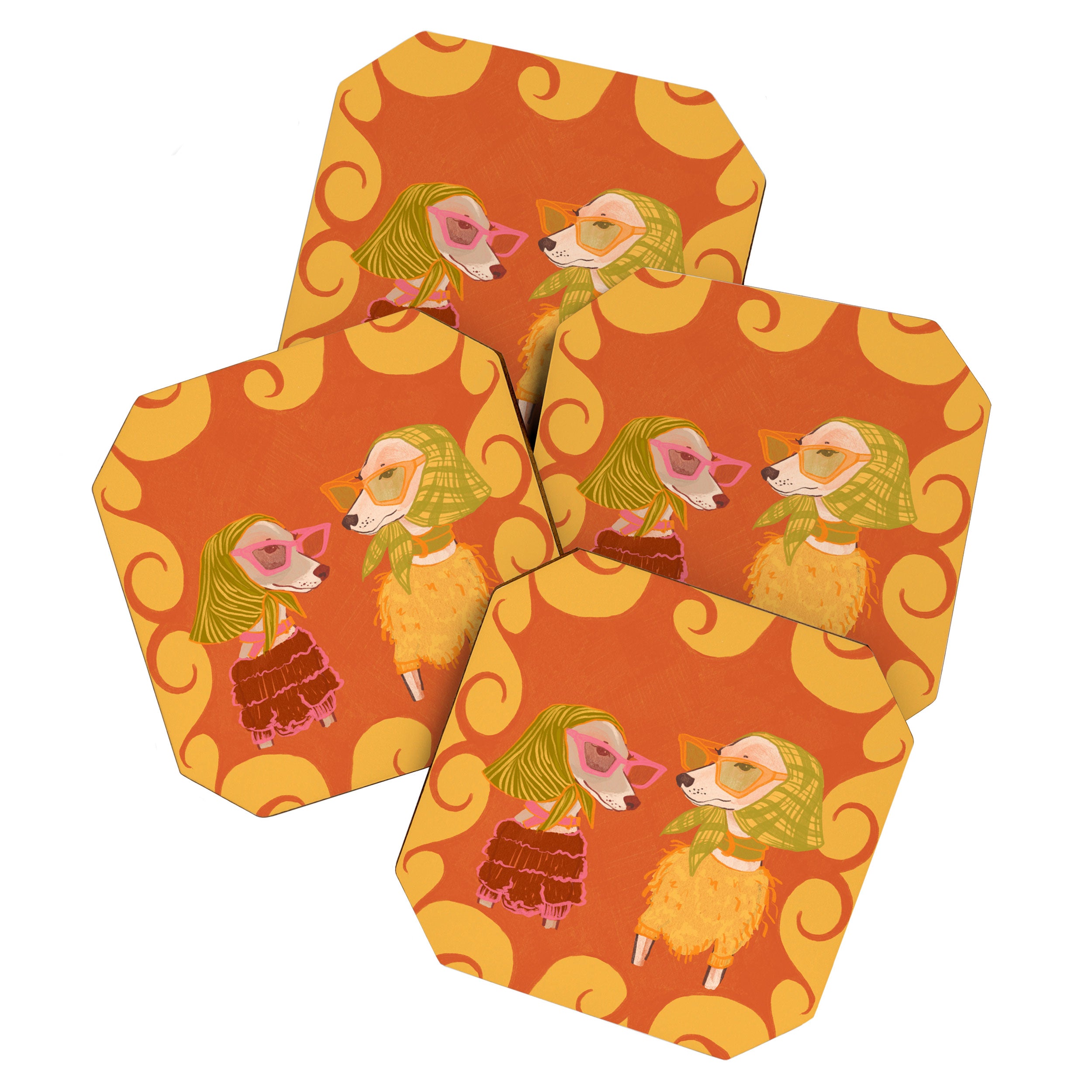 Retro Fashion Dogs with Sunglasses - Yellow Coaster Gallery Image 1