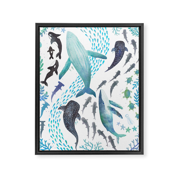 Sharks, Humpback Whales, Orcas & Turtles Ocean Play Print Framed Canvas Print Gallery Image 1