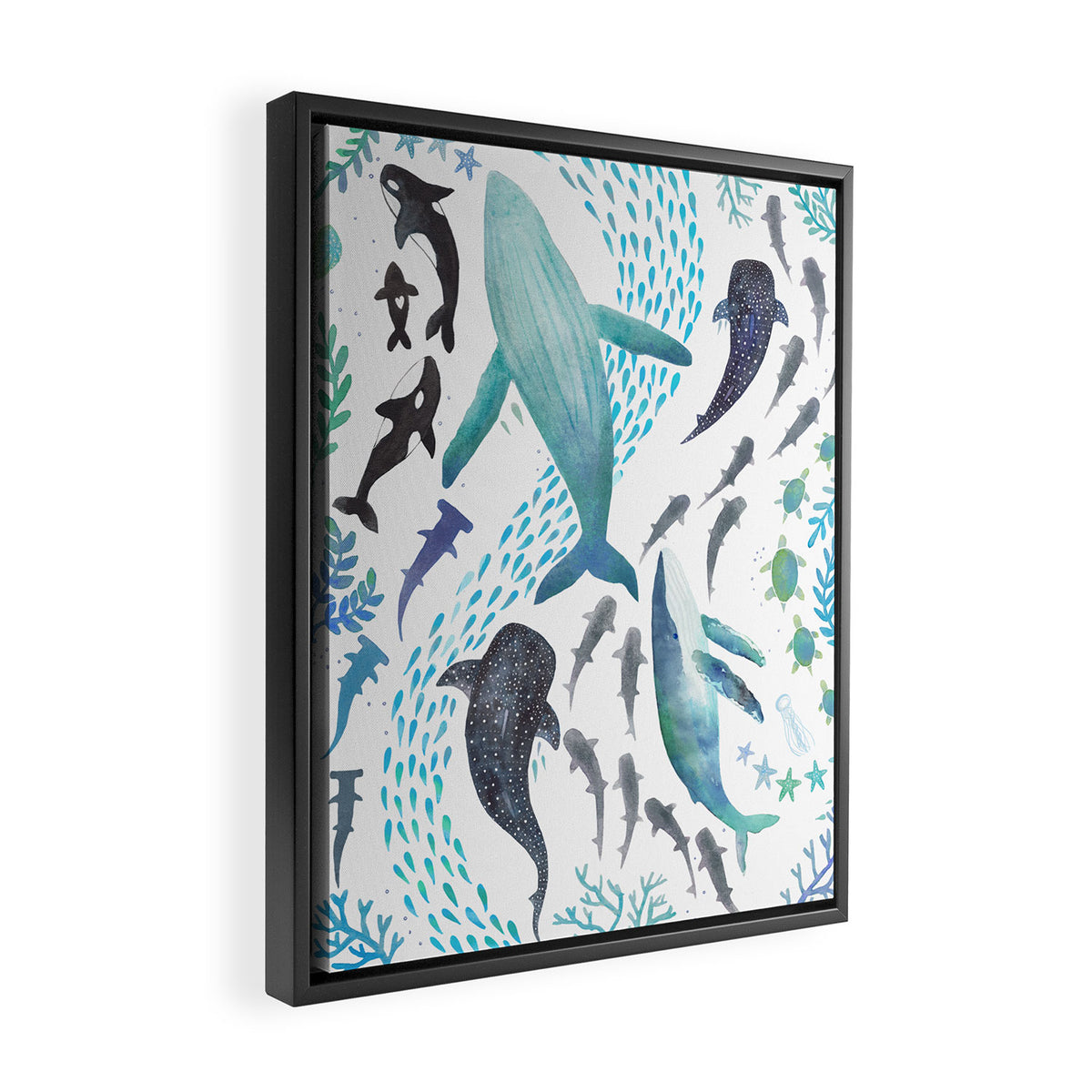 Sharks, Humpback Whales, Orcas & Turtles Ocean Play Print Framed Canvas Print Gallery Image 2