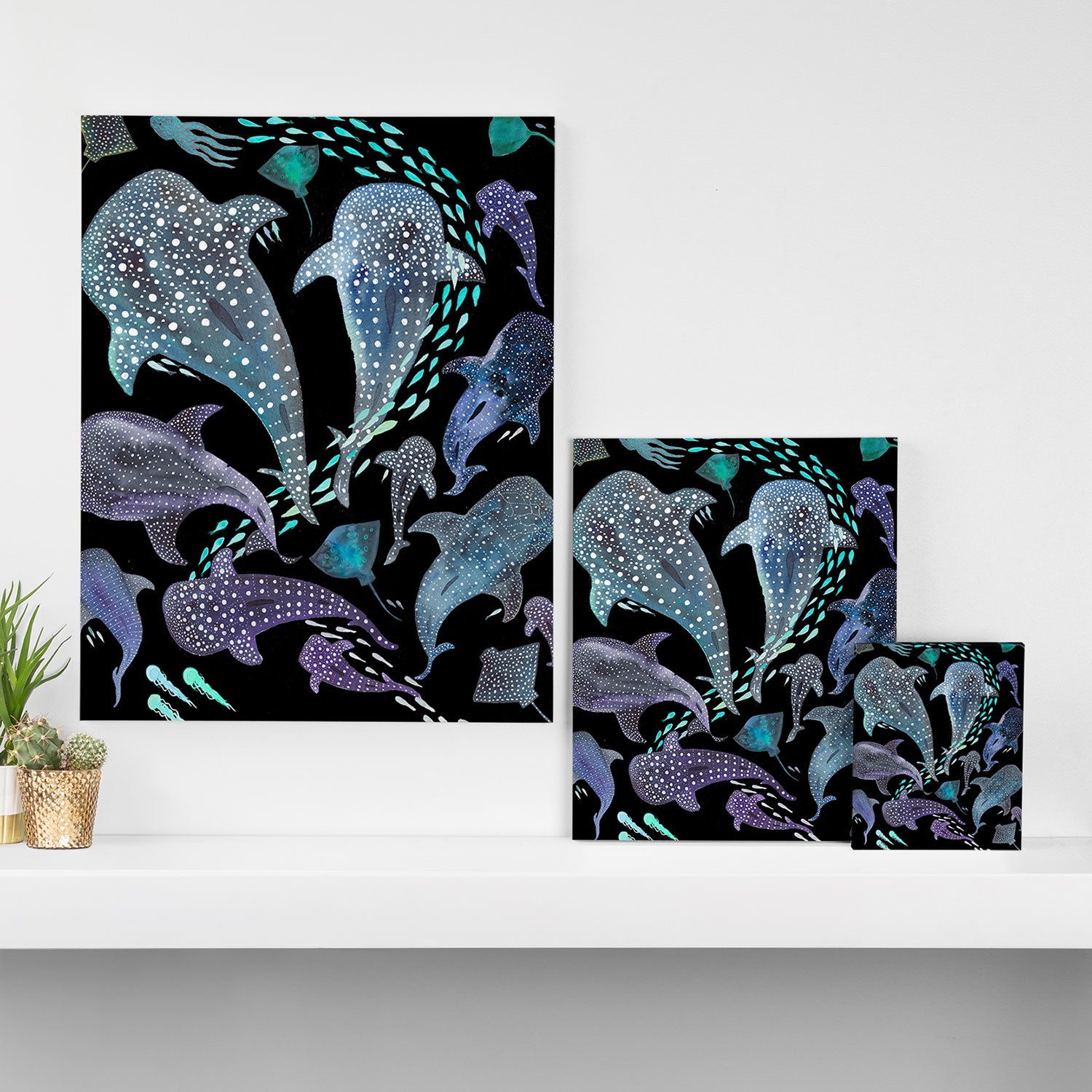 Whale Shark, Ray & Sea Creature Play Print, in Black Canvas Print Gallery Image 3