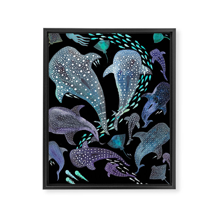 Whale Shark, Ray & Sea Creature Play Print, in Black Framed Canvas Print Gallery Image 1