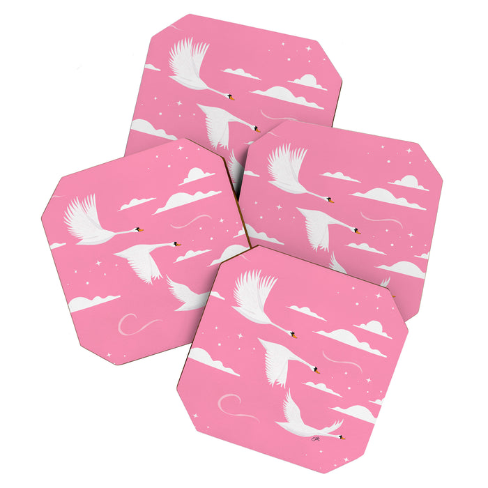 Flying Swans Illustration - Pink Sky with Clouds and Stars Coaster Gallery Image 1