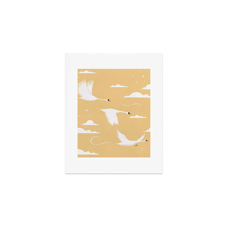 Flying Swans Illustration - Yellow Sky with Clouds and Stars Art Print Gallery Image 1
