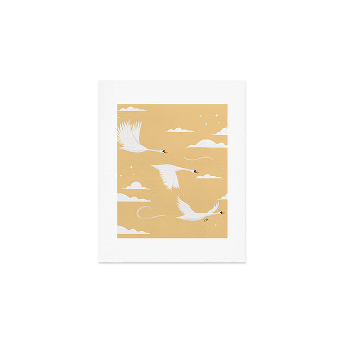 Flying Swans Illustration - Yellow Sky with Clouds and Stars Art Print Gallery Image 1