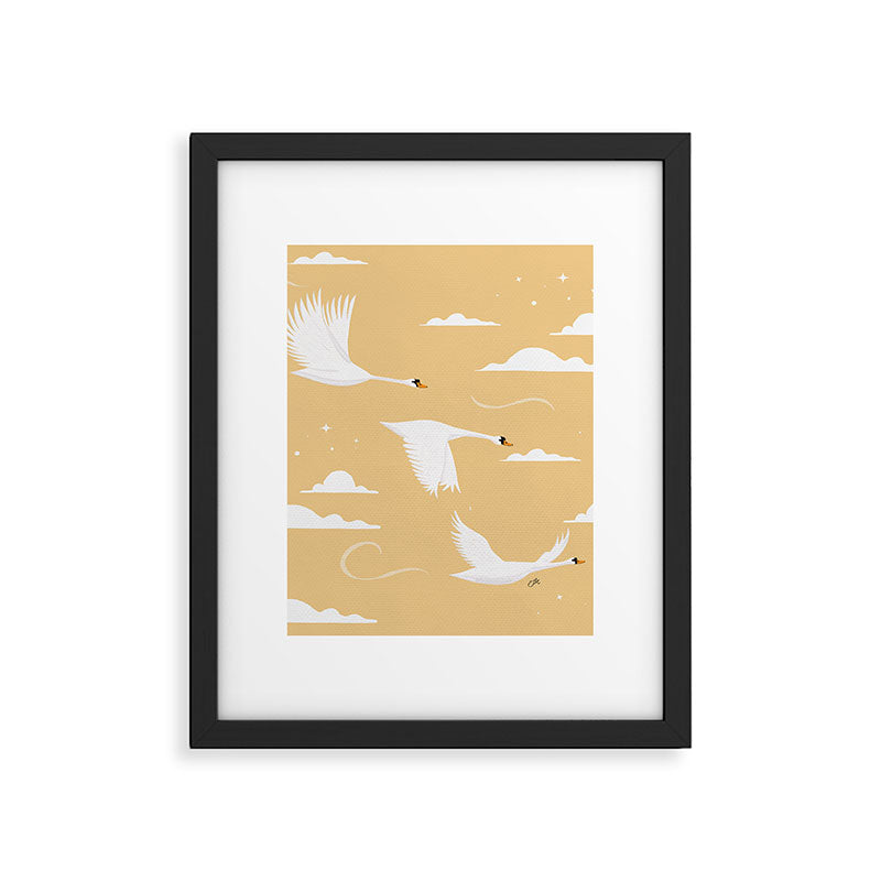 Flying Swans Illustration - Yellow Sky with Clouds and Stars Framed Art Print Gallery Image 6