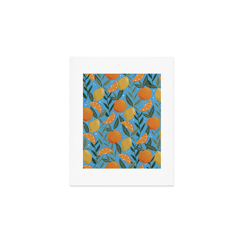 Mediterranean Citrus Pattern Lemons and Oranges on Blue, Dolce Vita Summer Vibes Art Print Gallery Image 1