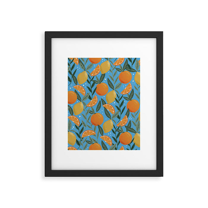 Mediterranean Citrus Pattern Lemons and Oranges on Blue, Dolce Vita Summer Vibes Framed Art Print Gallery Image 1