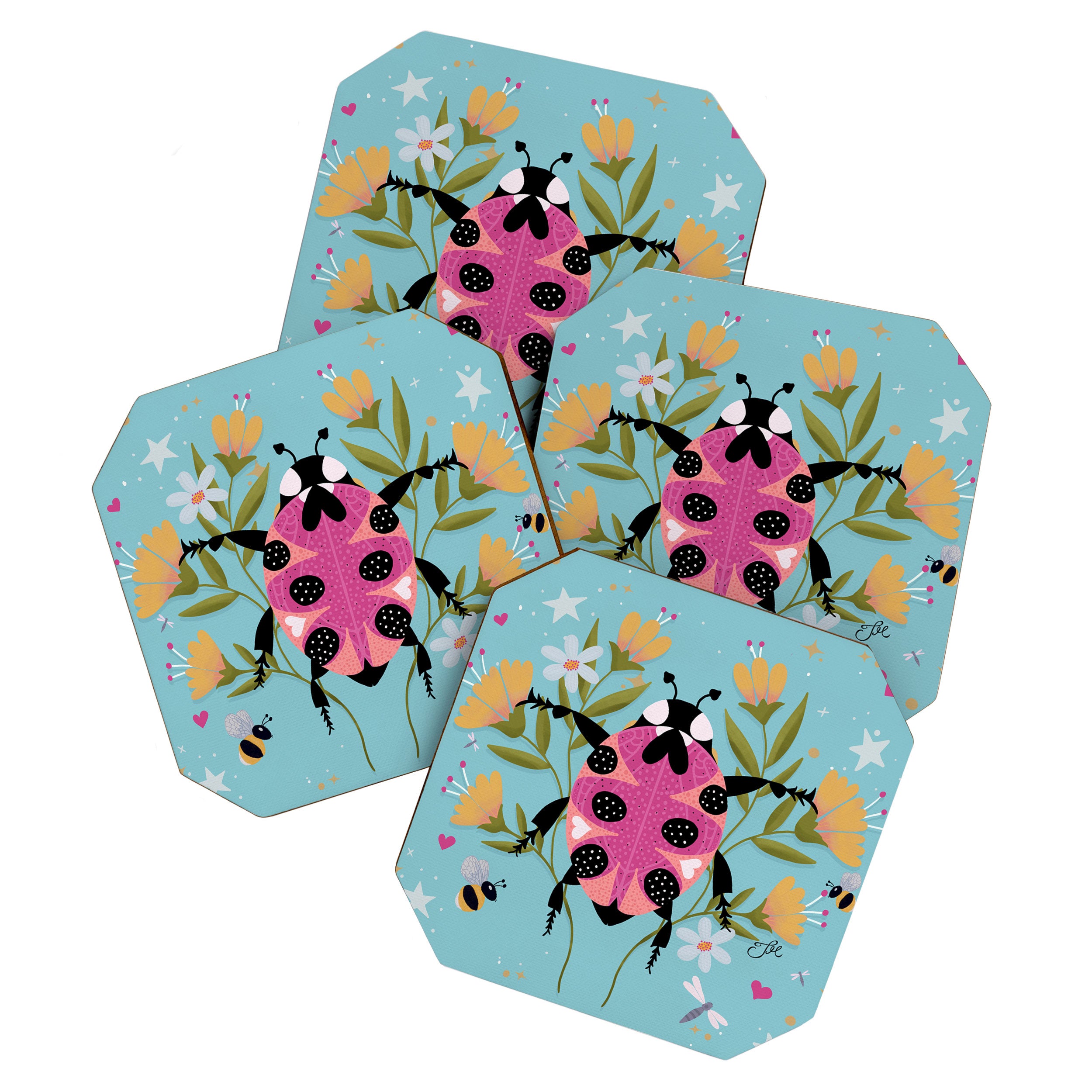 Whimsical Ladybug Garden - Folk Art with Flowers, Bees and Dragonflies Coaster Gallery Image 1