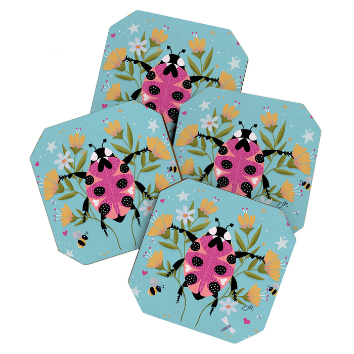 Whimsical Ladybug Garden - Folk Art with Flowers, Bees and Dragonflies Coaster Gallery Image 1