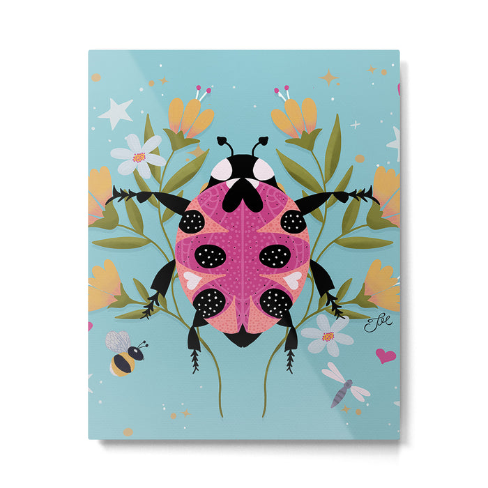 Whimsical Ladybug Garden - Folk Art with Flowers, Bees and Dragonflies Metal Print Gallery Image 1