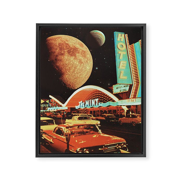 Moon That Never Sleeps - Retro Futurism, Sci-Fi Aesthetic Collage Framed Canvas Print Gallery Image 1