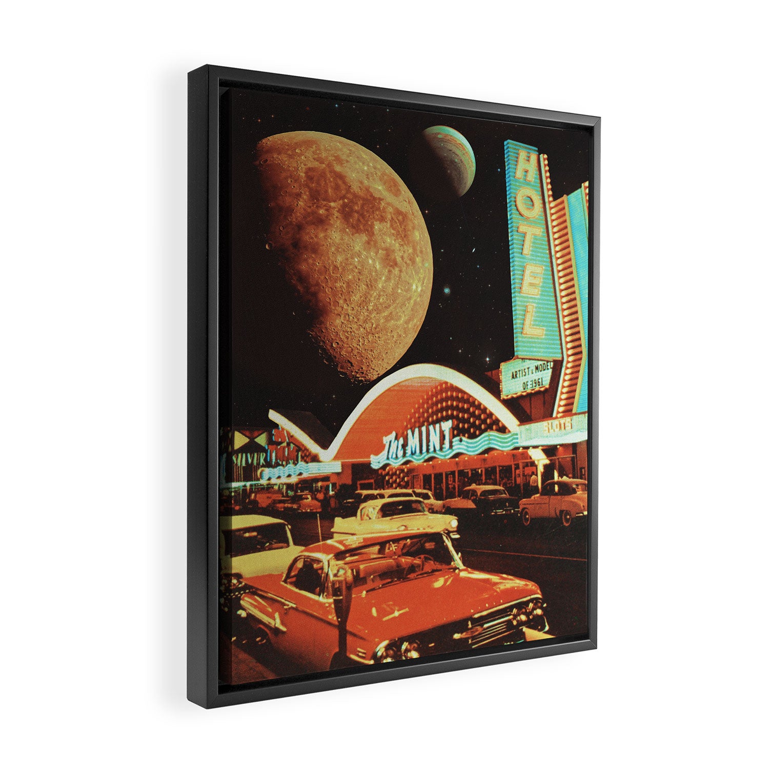 Moon That Never Sleeps - Retro Futurism, Sci-Fi Aesthetic Collage Framed Canvas Print Gallery Image 2