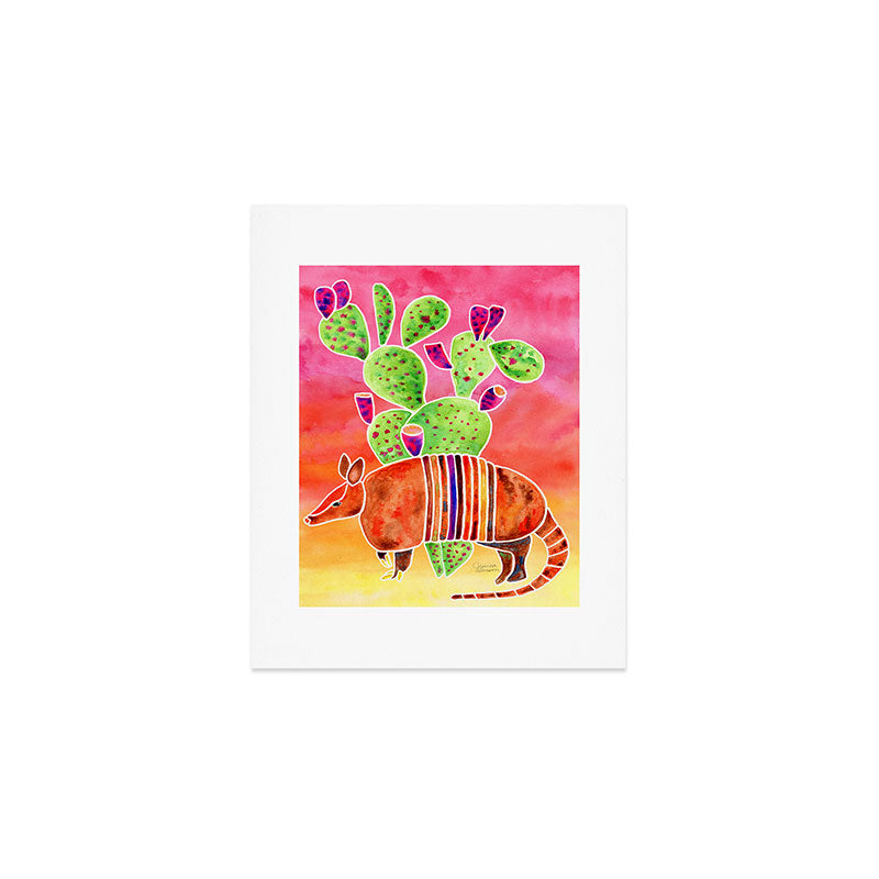 Armadillo and Cactus - Sunset Ombre Background Art Print Gallery Image 1