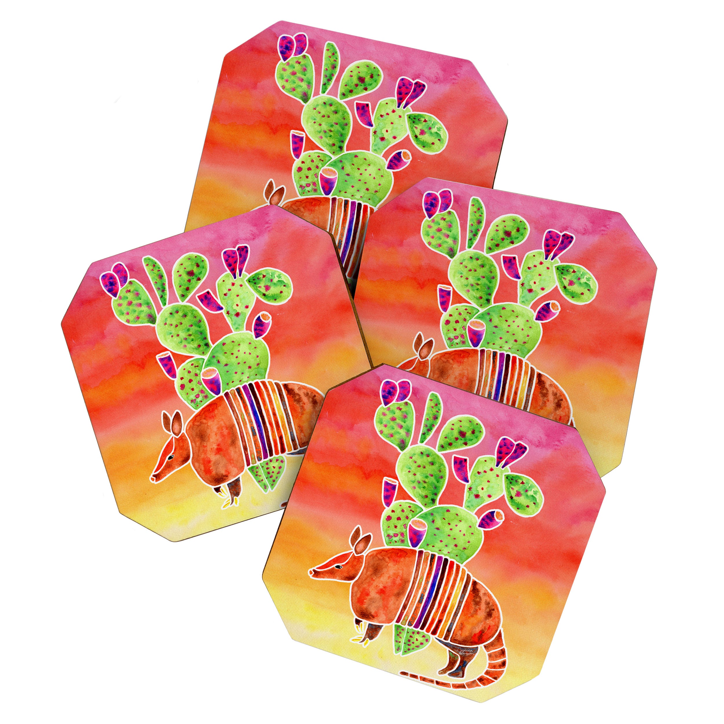 Armadillo and Cactus - Sunset Ombre Background Coaster Gallery Image 1