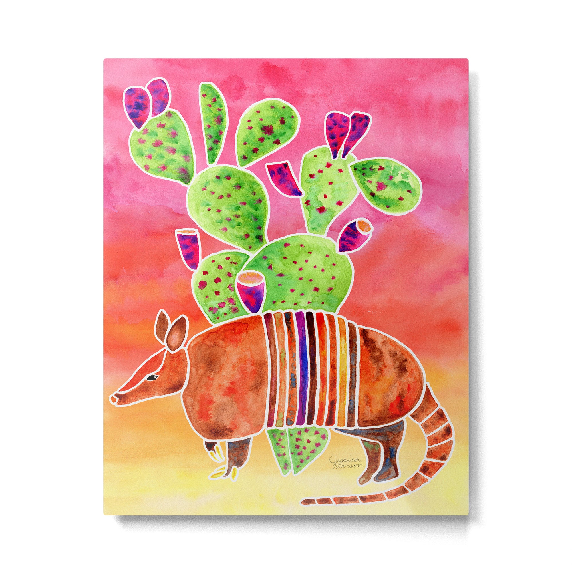 Armadillo and Cactus - Sunset Ombre Background Metal Print Gallery Image 6