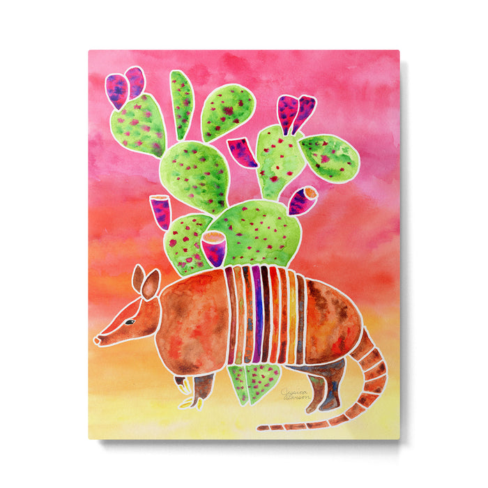 Armadillo and Cactus - Sunset Ombre Background Metal Print Gallery Image 1