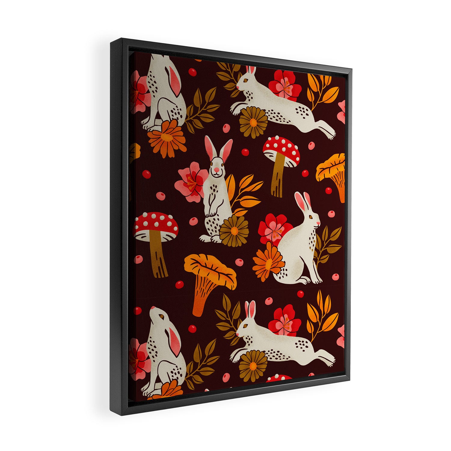 Bunnies and Shrooms Pattern Framed Canvas Print Gallery Image 2