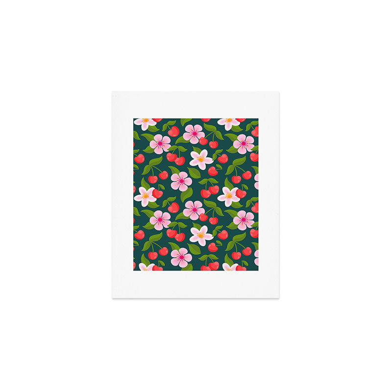 Cherry Pattern on Dark Teal Art Print Gallery Image 1