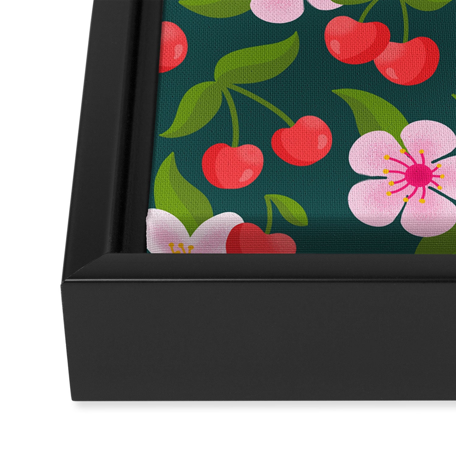 Cherry Pattern on Dark Teal Framed Canvas Print Gallery Image 3