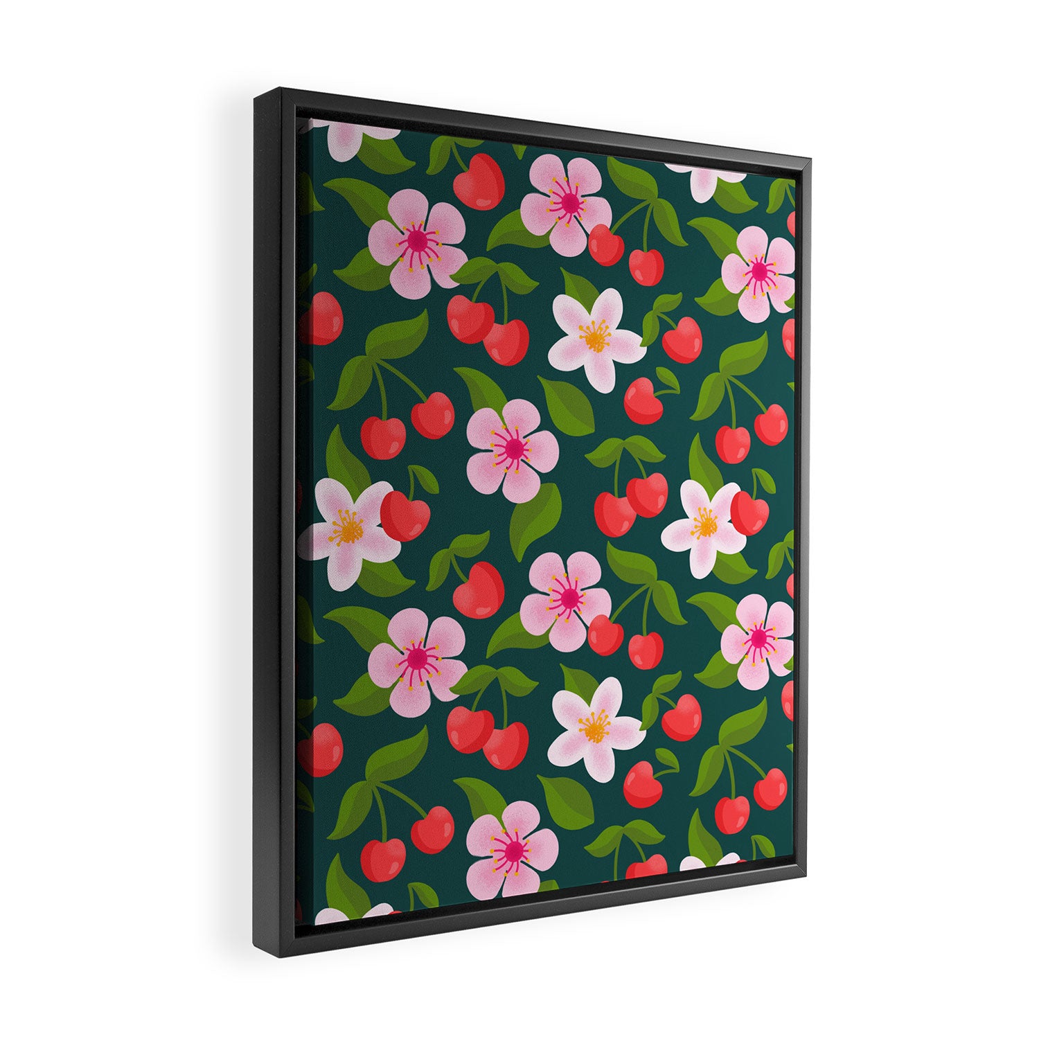 Cherry Pattern on Dark Teal Framed Canvas Print Gallery Image 2