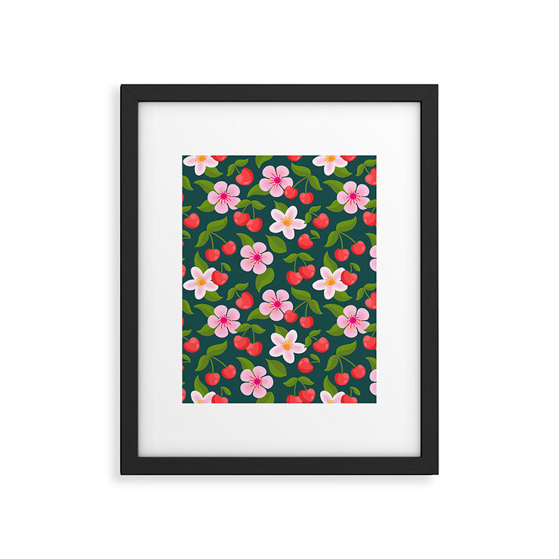 Cherry Pattern on Dark Teal Framed Art Print Gallery Image 6