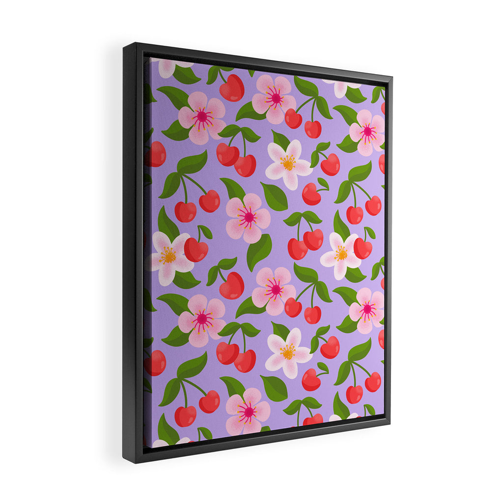 Cherry Pattern on Lavender Framed Canvas Print Gallery Image 2