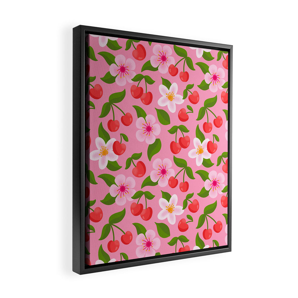 Cherry Pattern on Pink Framed Canvas Print Gallery Image 2