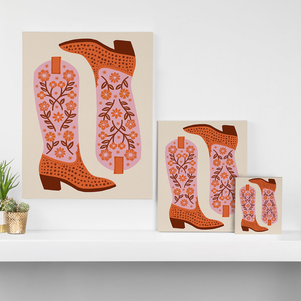 Cowgirl Boots - Pink and Orange Canvas Print Gallery Image 3