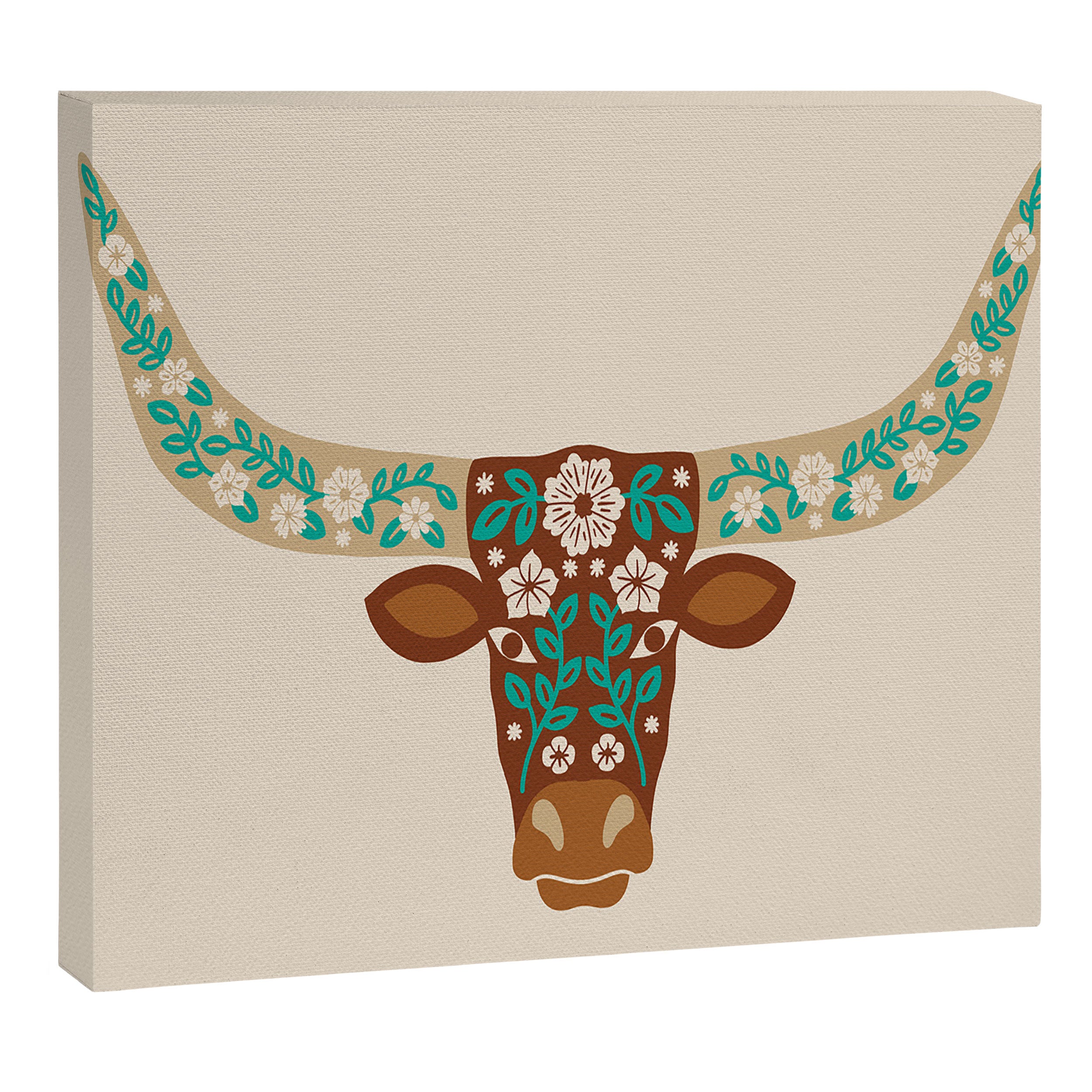 Floral Longhorn - Brown and Turquoise Canvas Print Gallery Image 14