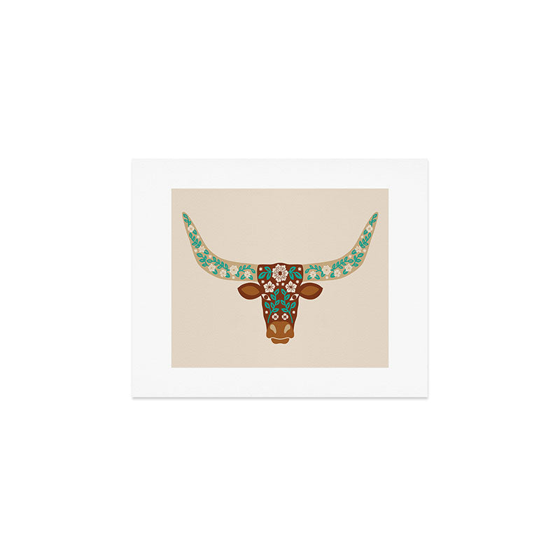Floral Longhorn - Brown and Turquoise Art Print Gallery Image 1