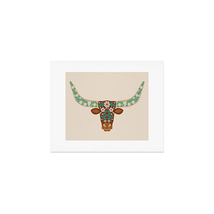 Floral Longhorn - Brown and Turquoise Art Print Gallery Image 1
