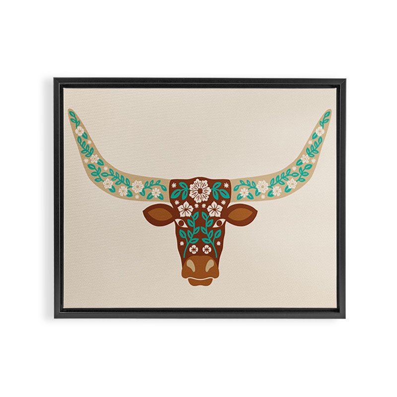 Floral Longhorn - Brown and Turquoise Framed Canvas Print Gallery Image 14