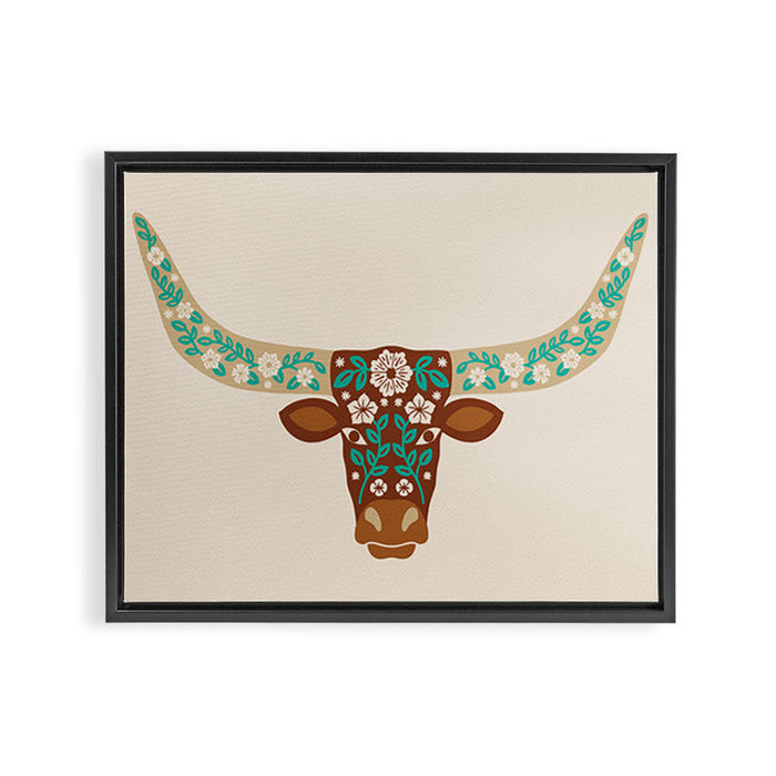 Floral Longhorn - Brown and Turquoise Framed Canvas Print Gallery Image 1