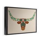 Floral Longhorn - Brown and Turquoise Framed Canvas Print Gallery Image 2