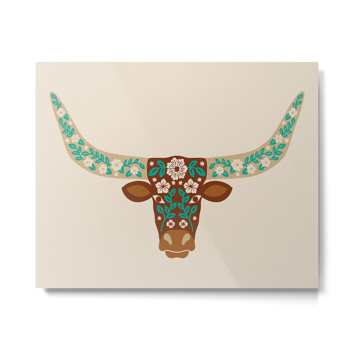 Floral Longhorn - Brown and Turquoise Metal Print Gallery Image 1