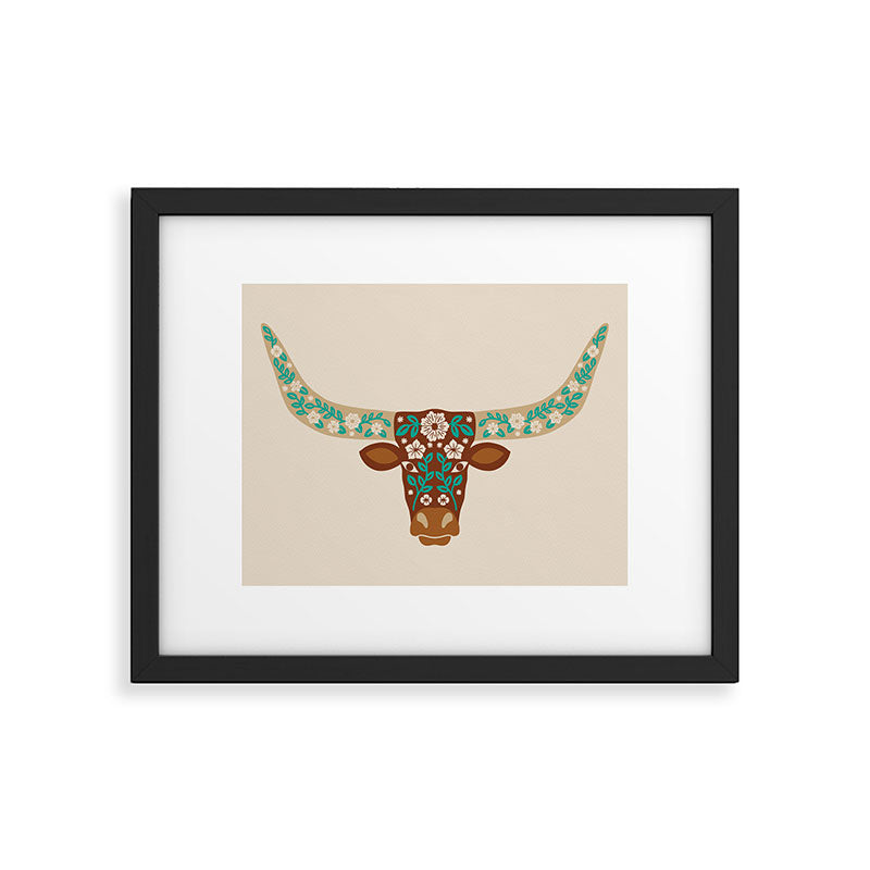 Floral Longhorn - Brown and Turquoise Framed Art Print Gallery Image 4