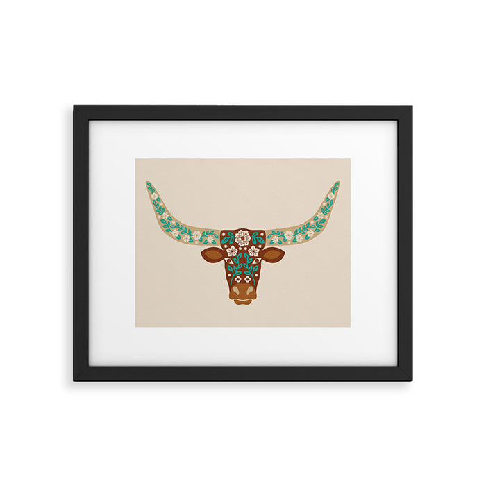 Floral Longhorn - Brown and Turquoise Framed Art Print Gallery Image 1