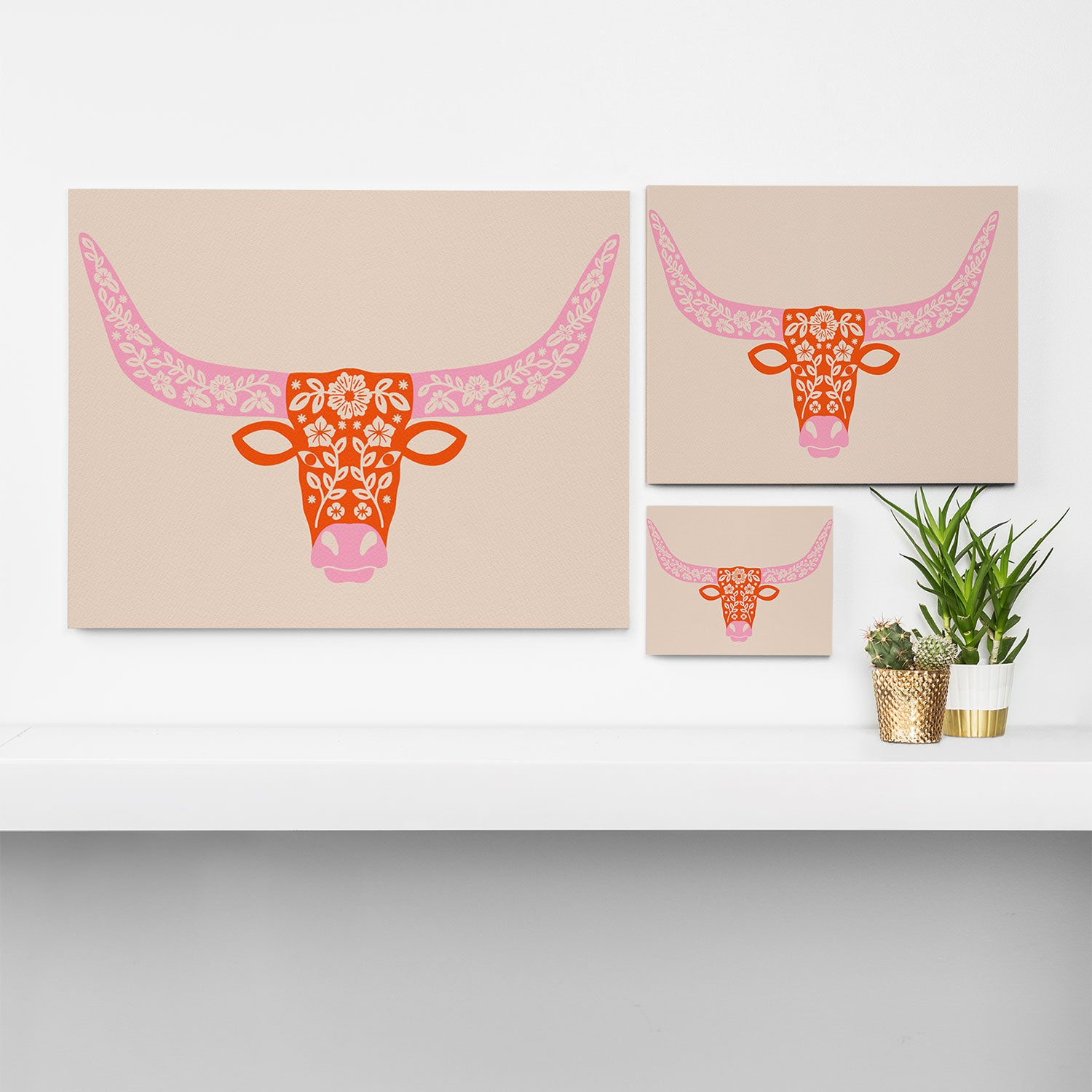 Floral Longhorn - Pink and Orange Canvas Print Gallery Image 3