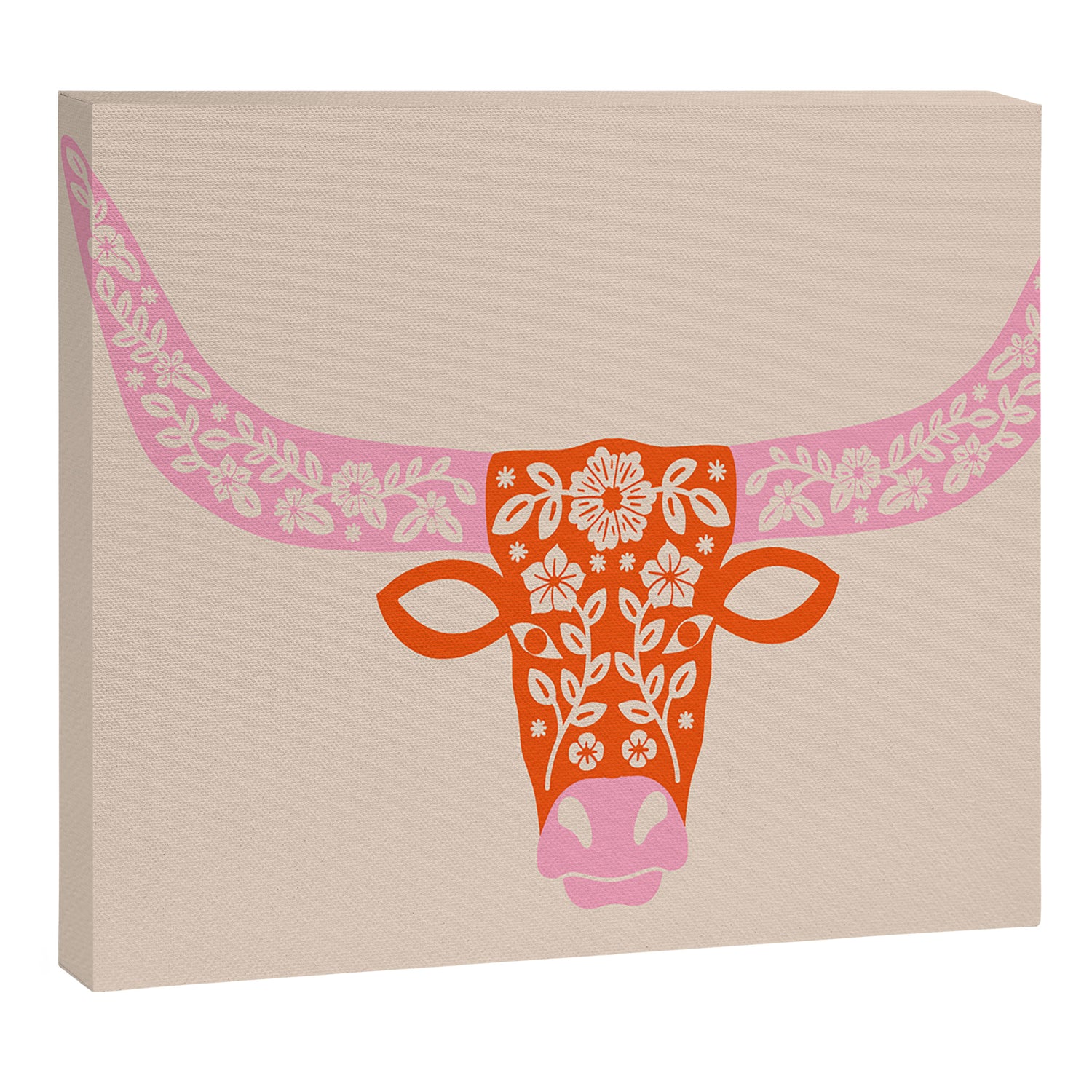 Floral Longhorn - Pink and Orange Canvas Print Gallery Image 3