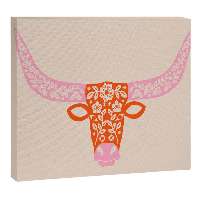 Floral Longhorn - Pink and Orange Canvas Print Gallery Image 1