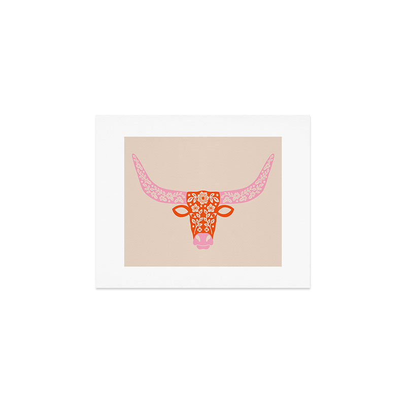 Floral Longhorn - Pink and Orange Art Print Gallery Image 1
