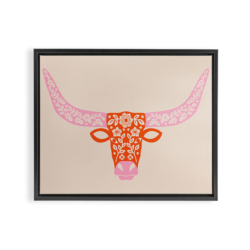 Floral Longhorn - Pink and Orange Framed Canvas Print Gallery Image 1