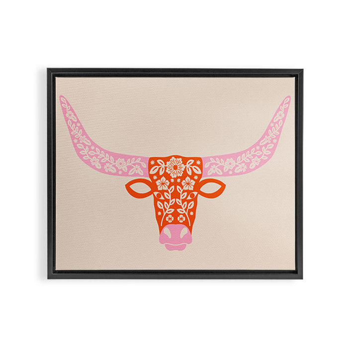 Floral Longhorn - Pink and Orange Framed Canvas Print Gallery Image 1